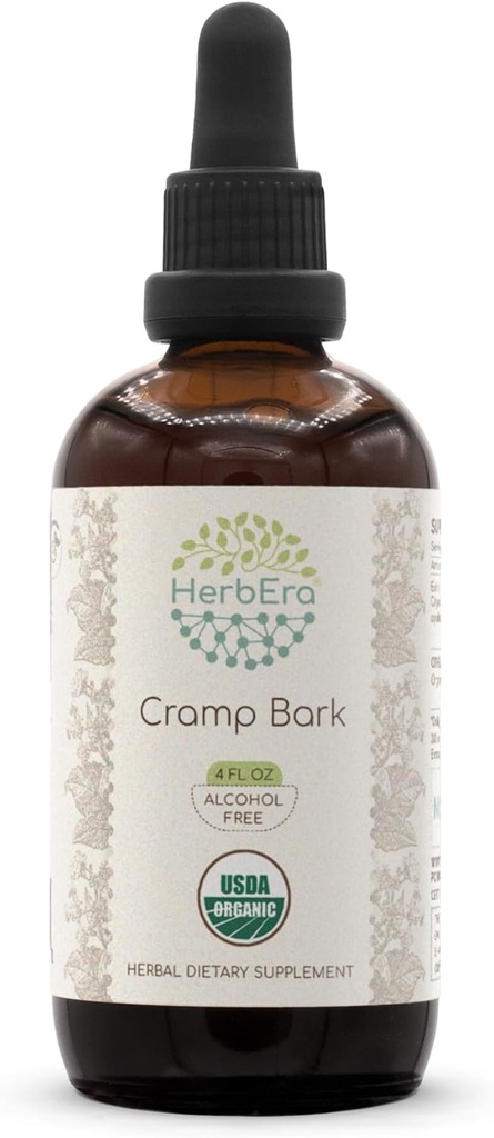 HerbEra Cramp Bark B120 USDA Teinture biologique (extrait sans alcool, gouttes à base de plantes de haute puissance) Barque biologique certifiée (Viburnum Opulus) Barque séchée (4 fl oz)
