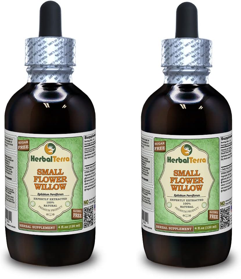 Kleine bloemenwilg (Epilobium parviflorum) Glyceriet, gedroogd kruidenalcoholvrije vloeibare extract (Grote naam: HerbalTerra, Trots gemaakt in USA) 2x4 f.oz (2x120 ml)