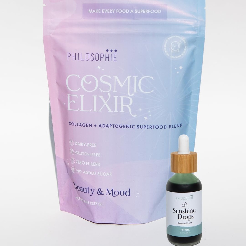 Philosophie Sunshine Drops & Cosmic Elixir Bundle - Liquid Chlorofyl & Superfood Powder Blend - All Natural Plant Based 2pack