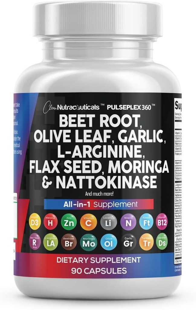 Clean Nutraceuticals Beetwortel Capsules Olive Leaf Nattokinase Knoflook Extract L-Arginine Omega 3 Rode Gist Rijst Hibiscus Danshen - Gezonde Ondersteuning Supplement - 90 Ct