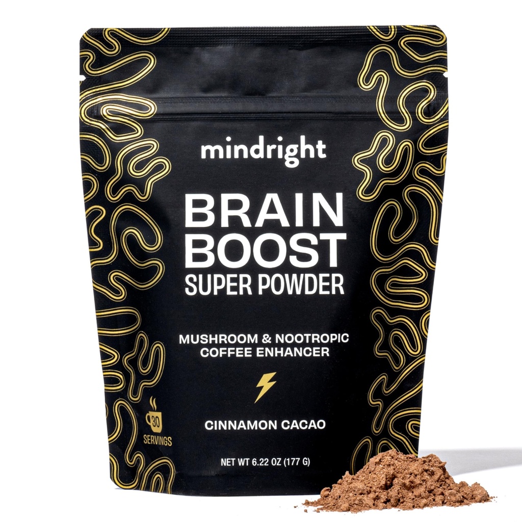 mindright Brain Boost Mushroom Coffee Enhancer - Superfood Blend w/Mushroom - Lion's Mane, Coffee Fruit Extract, Rhodiola, Cordyceps, Cacao - Caffeine Free No Sugar 30 Servings