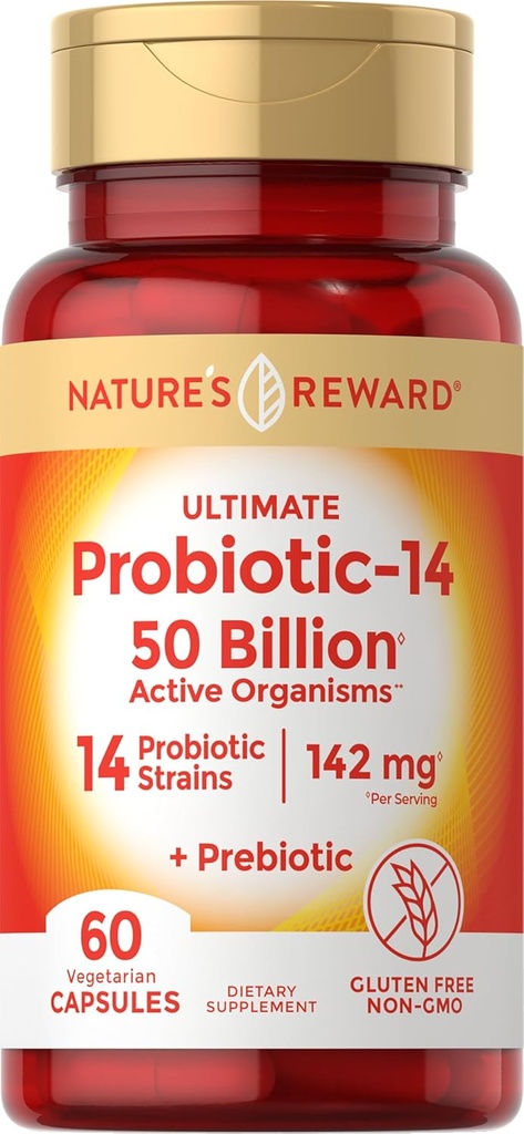 Probiotica met prebiotica - 60 capsules - 142 mg - 50 miljard actieve organismen - vegetarisch, niet-GMO en glutenvrij supplement - door de Nature's Reward