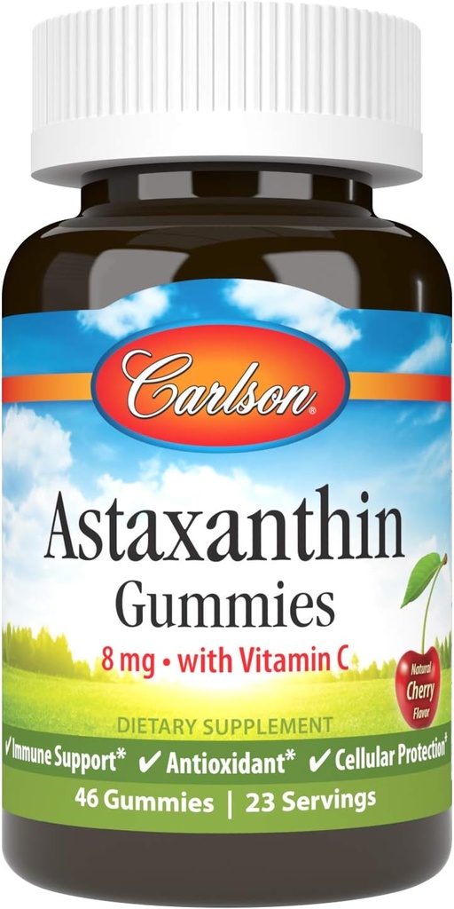 Carlson - Astaxanthine Gummies, met vitamine C, Immune Support, Antioxidant, Hart Gezondheid, Non-GMO, Cherry Flavor, 46 Vegetarische Gummies
