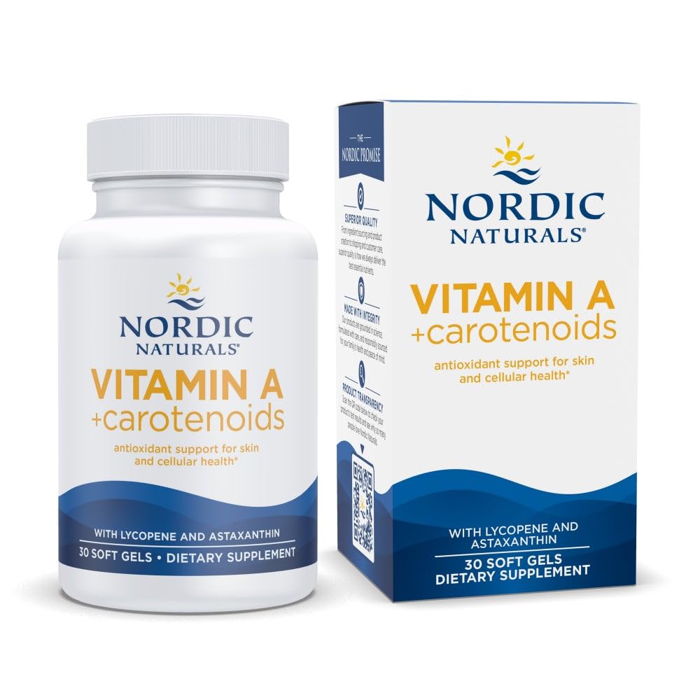 Nordic Naturals Vitamine A + Carotenoïden, Unflavored - 30 Zachte Gels - Lycopeen & Astaxanthine - Ondersteunt de huid, Cellular Health - Non-GMO - 30 Servers