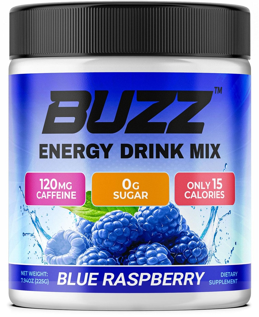 Morning Buzz Energy Drink Powder - Energy Boost Drink Mix - Énergie sans sucre avec des antioxydants - Morning Kickstart et Sports Nutrition Endurance Product - 30 portions, framboise bleue, 8 onces