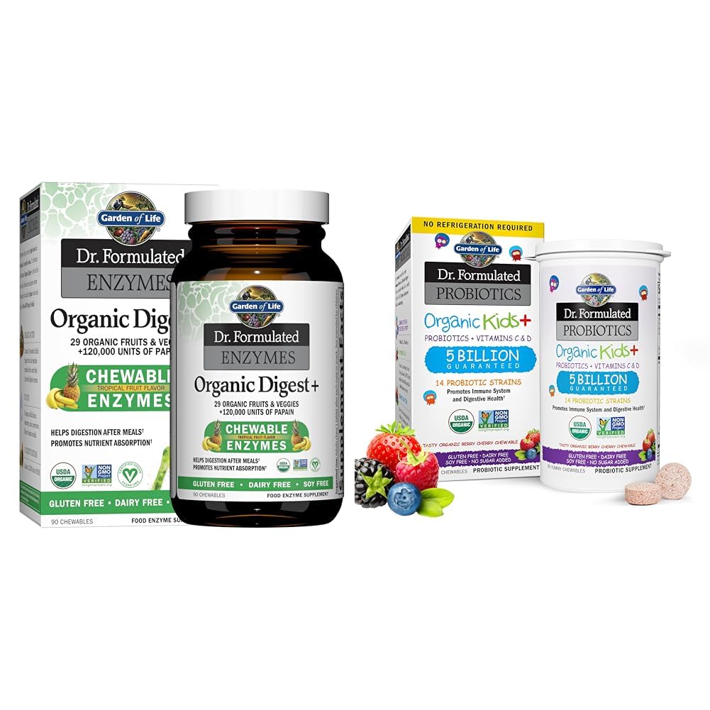 Tuin van het leven Dr Geformuleerde spijsverteringsenzymen met Papain, Bromelain & Dr. Geformuleerde Probiotica Biologische Kids+ Plus Vitamine C & D - Berry Cherry