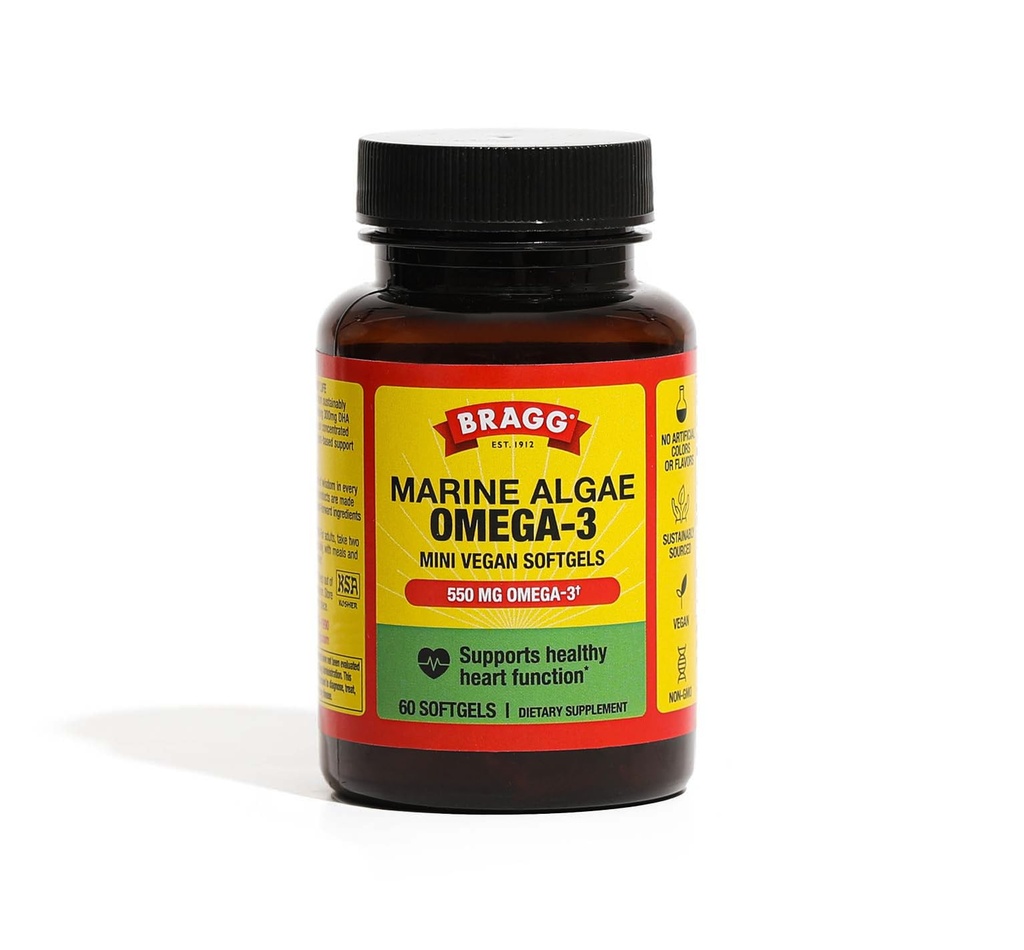 Bragg Omega-3 Supplement Capsules met DHA en EPA - 60 Vegan Softgels - Duurzaam-Gezonden Marine Algen - Ondersteunt Eye and Brain Health