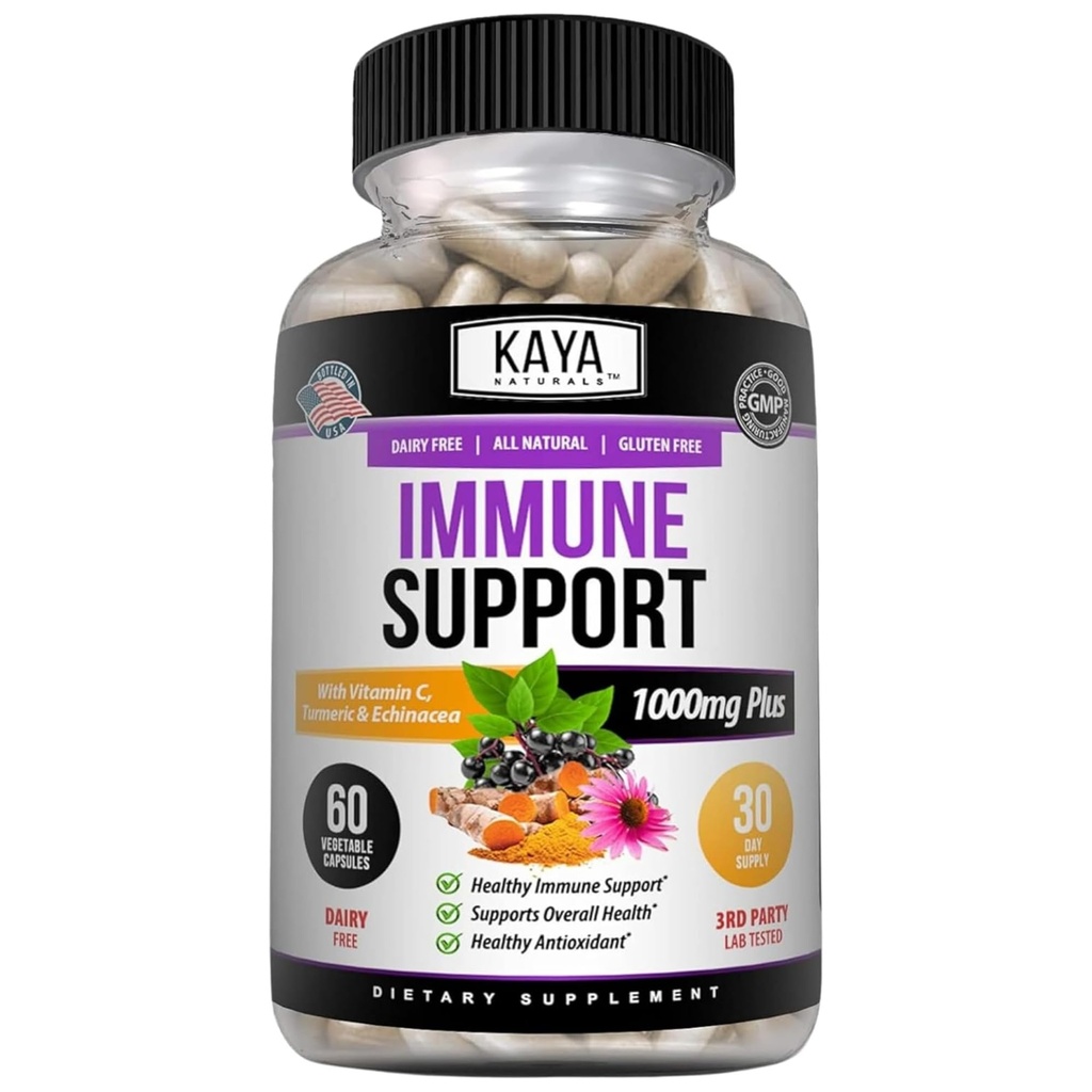 Kaya Naturals Vlierbes Immune Support, Vlierbes met zink en vitamine C voor volwassenen Vitaminen, Probiotica & Kurkuma 1000mg Immuunsysteem Booster Sambucus Capsules - 60 Tel.