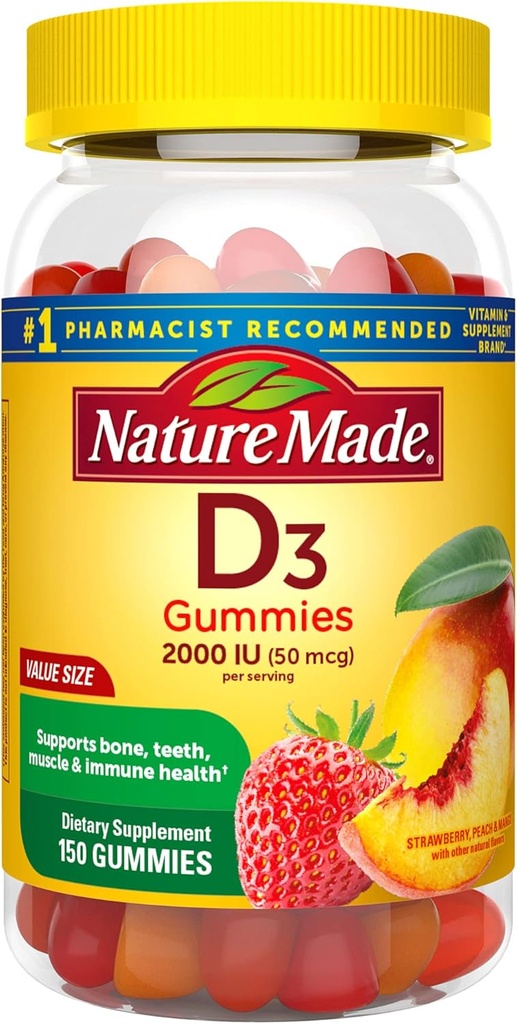 Nature Made Vitamin D3, 150 Gummies, Vitamine D 2000 IE (50 mcg), Vitamine D Gummies Voor Volwassenen Helpt Immune Health, Sterke Bones en Tanden, & Spierfunctie, 250% van de dagelijkse waarde voor vitamine D