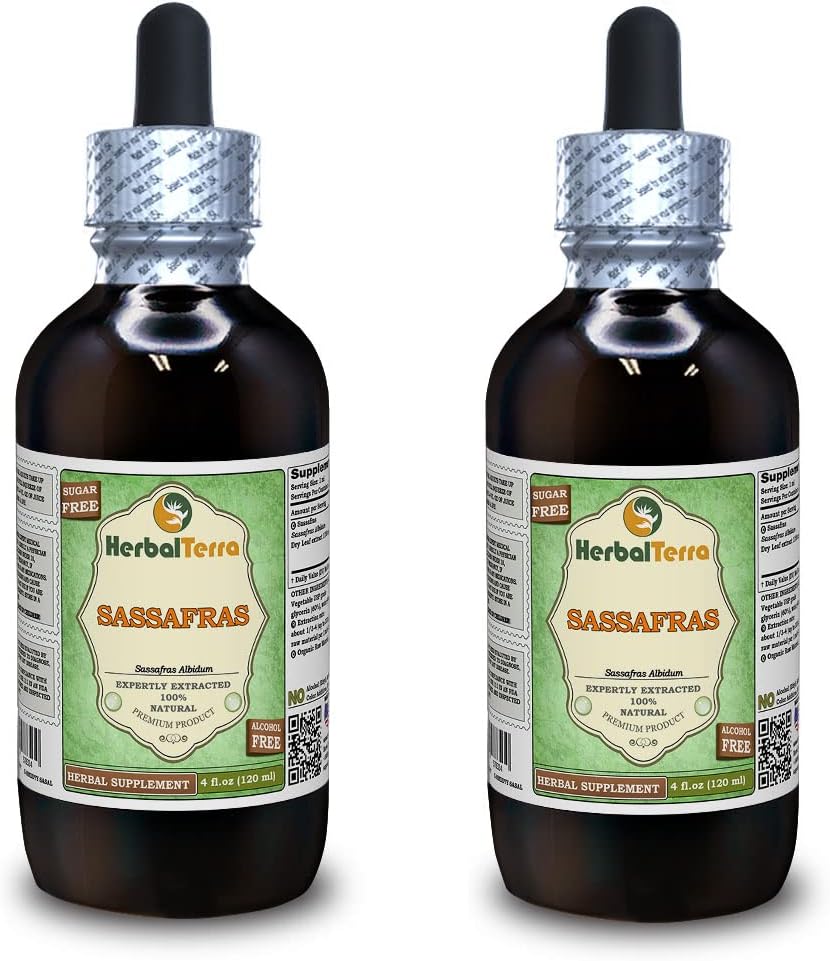 Sassafras biologique (Sassafras Albidum) Glycérite, feuilles séchées Extrait liquide sans alcool (marque: HerbalTerra, fièrement fabriqué aux États-Unis) 2x4 fl.oz (2x120 ml)