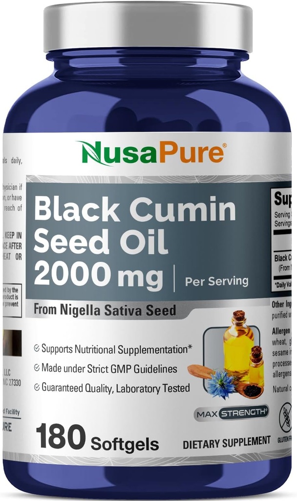 Huile de graines noires NusaPure 2000mg par portion - 180 capsules de softgel (non-OGM, sans gluten) Nigella Sativa pressée à froid