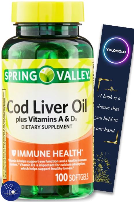 Koolleverolie Plus Vitaminen A & D3 Immune Health Dieetsupplement Softgels Spring Valley, 100 Tellen en bladwijzer Gift van YolomOLO