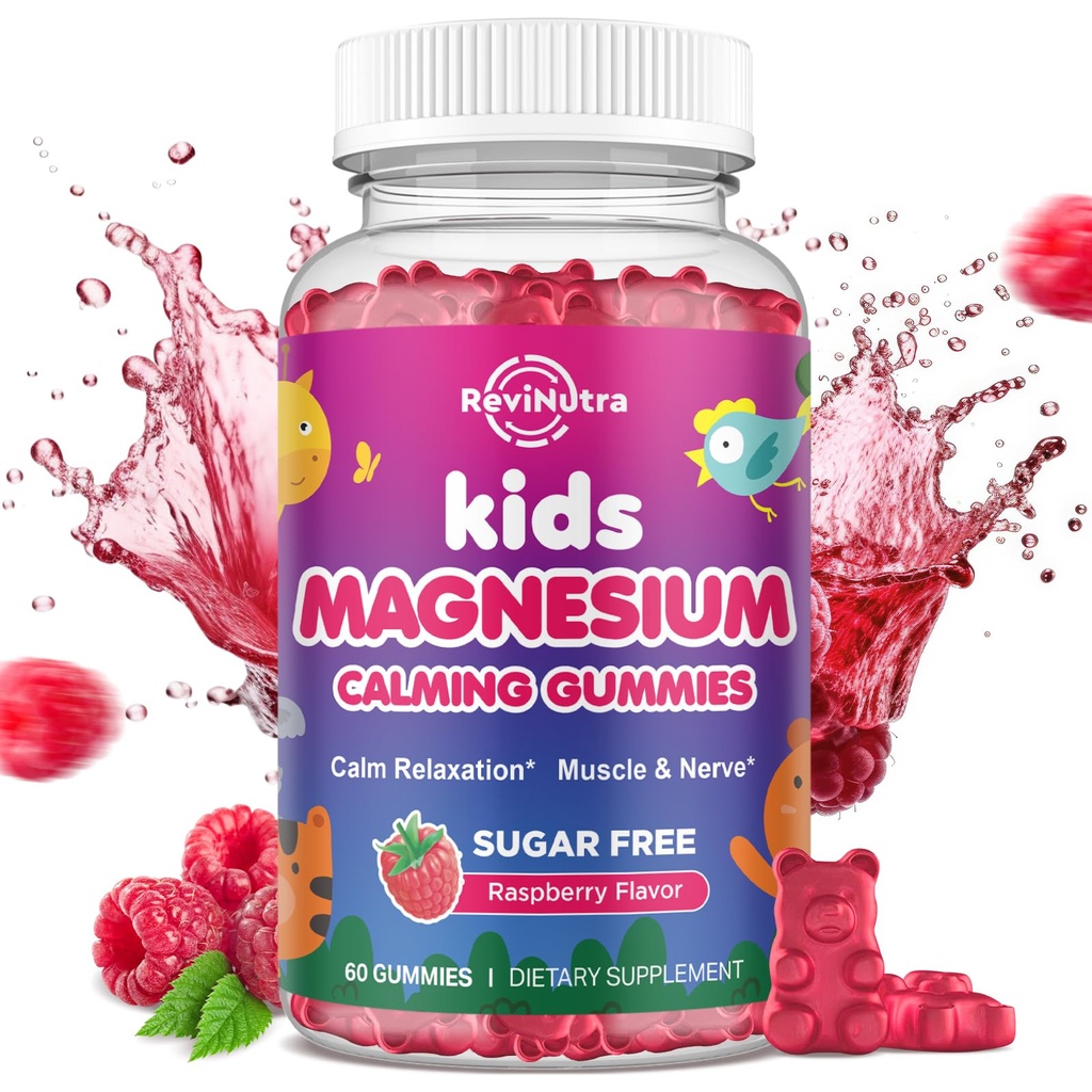 Kinderen Magnesium Gummies, Magnesium Glycinate Gummies voor kinderen & volwassenen met L-Theanine, kamille, licore, vitamine D, B6 voor slaap, ontspannen, hersenen & spier, suikervrije framboos 60ct