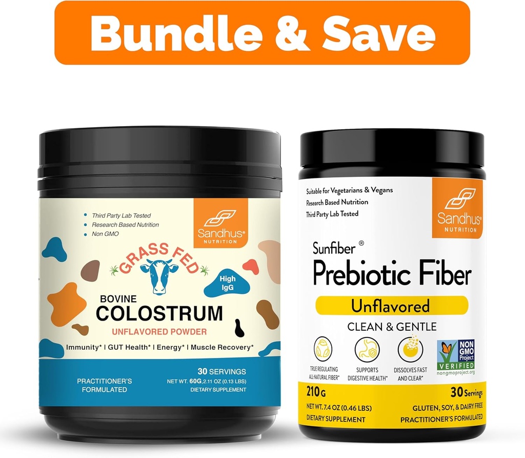Sandhu's Pure Bovine Colostrum Powder Supplement for Humans 30 Servings & Prebiotic Fiber Supplement Powder