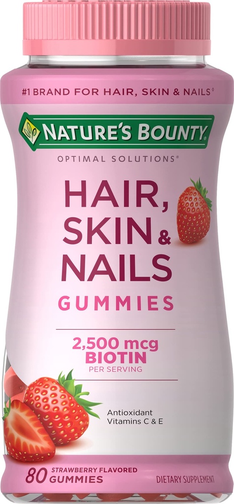 Nature's Bounty Optimal Solutions Hair, Skin & Nails Vitamin Gummies with Biotin, 2500 mcg, Aardbei, 80 Count, 40 Total Servings
