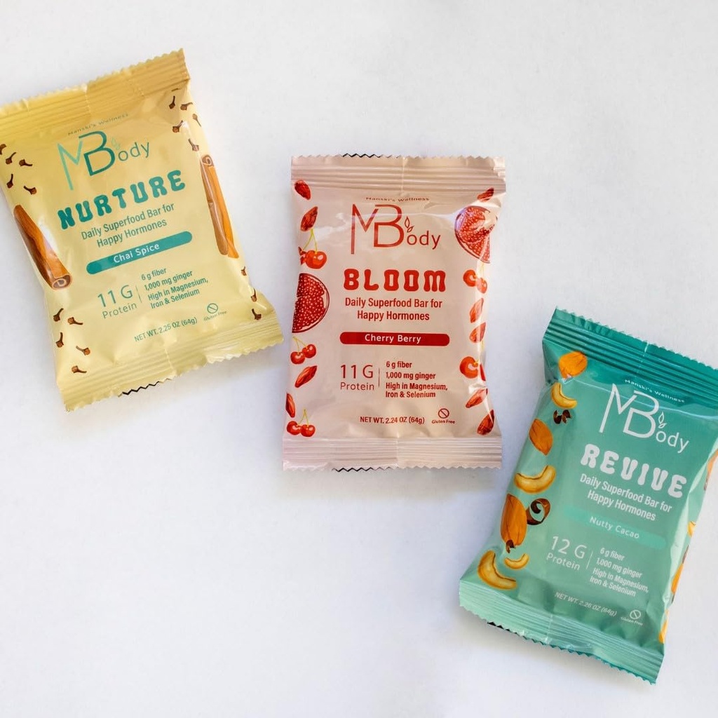 Happy Hormone Bars l Proteine Cycle Syncing Bars with Organic Ginger l Promotes Hormone Balance l Ondersteunt Vruchtbaarheid, Egg Quality, PMS & Sperm Health (28 pack, Cycle Sync Stack (5 chai spice, 9 kersenbes, 14 nootachtige cacao))