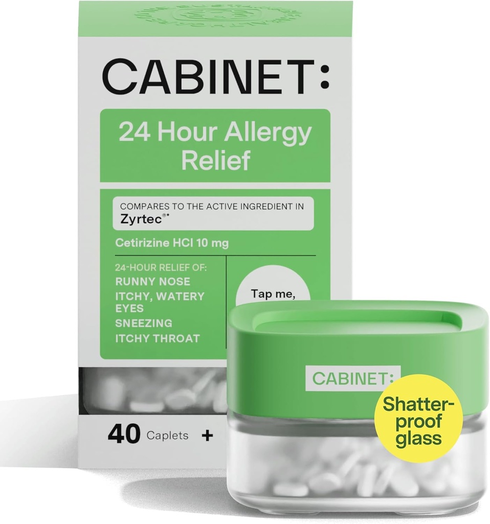 Kabinet: Allergie Relief Cetirizine 10mg voor Niet-Drowsy Relief van Gemeenschappelijke Allergie Symptomen (Refillable Glass Jar)