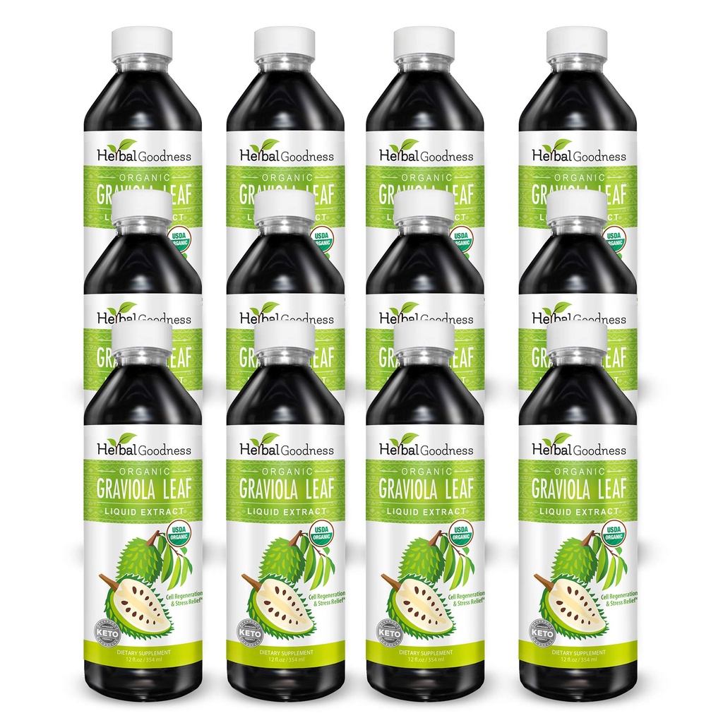 Herbal Goodness Graviola Leaf Extract 15X Strength - Sousop (Guanabana) Leaves Liquid USDA Organic Non-GMO Kosher Cell Support & Regeneration & Stress Relief Immune Boost 12(12oz) btls