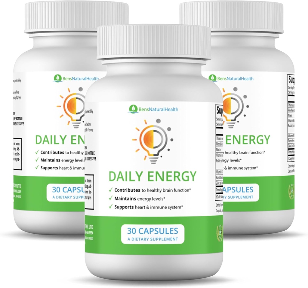 Ben's Natural Health Daily Energy Complexe B-Vitamine avec TMG et Zinc pour l'énergie naturelle, le stress, le focus et le soutien immunitaire, 30 capsules, 3 packs