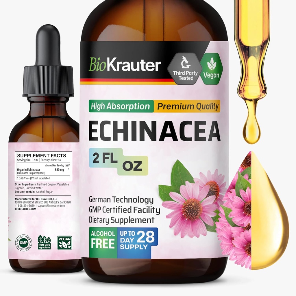BIO KRAUTER Echinacea Tinctuur - Natuurlijke Immune Support - Echinacea Supplement - Vegan, Alcohol & Sugar Free Drops - 2 Fl.Oz.