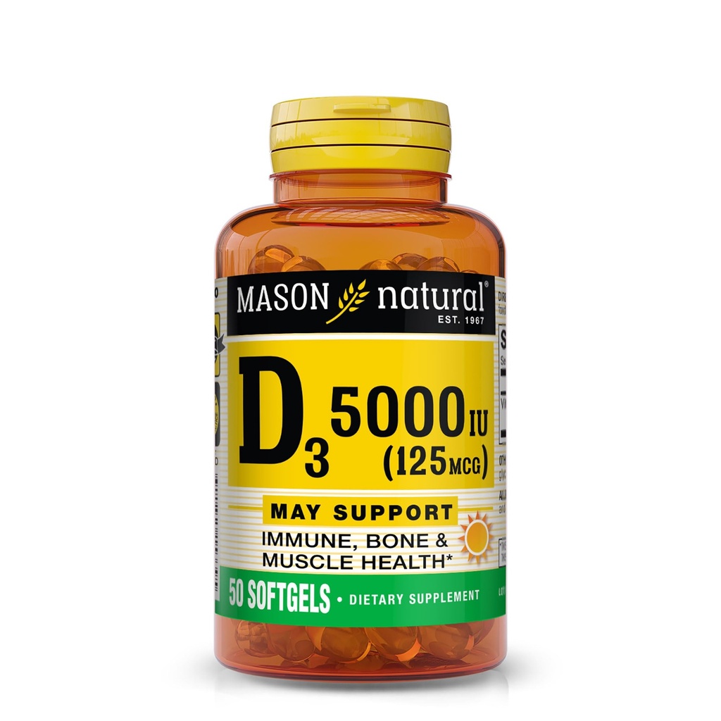 MASON NATURAL Vitamine D3 125 mcg (5000 UI), soutient la santé osseuse, musculaire et immunitaire, de l'huile de foie de poisson, 50 softgels, pack de 3