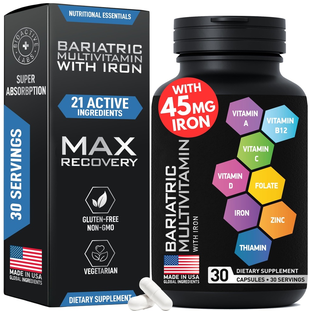 Multivitamine bariatrique avec fer pour les femmes et les hommes - Dérivés gastriques Vitamines et manches gastriques Multivitamines bariatriques -Non-OGM, sans gluten -Un par jour, 30 capsules