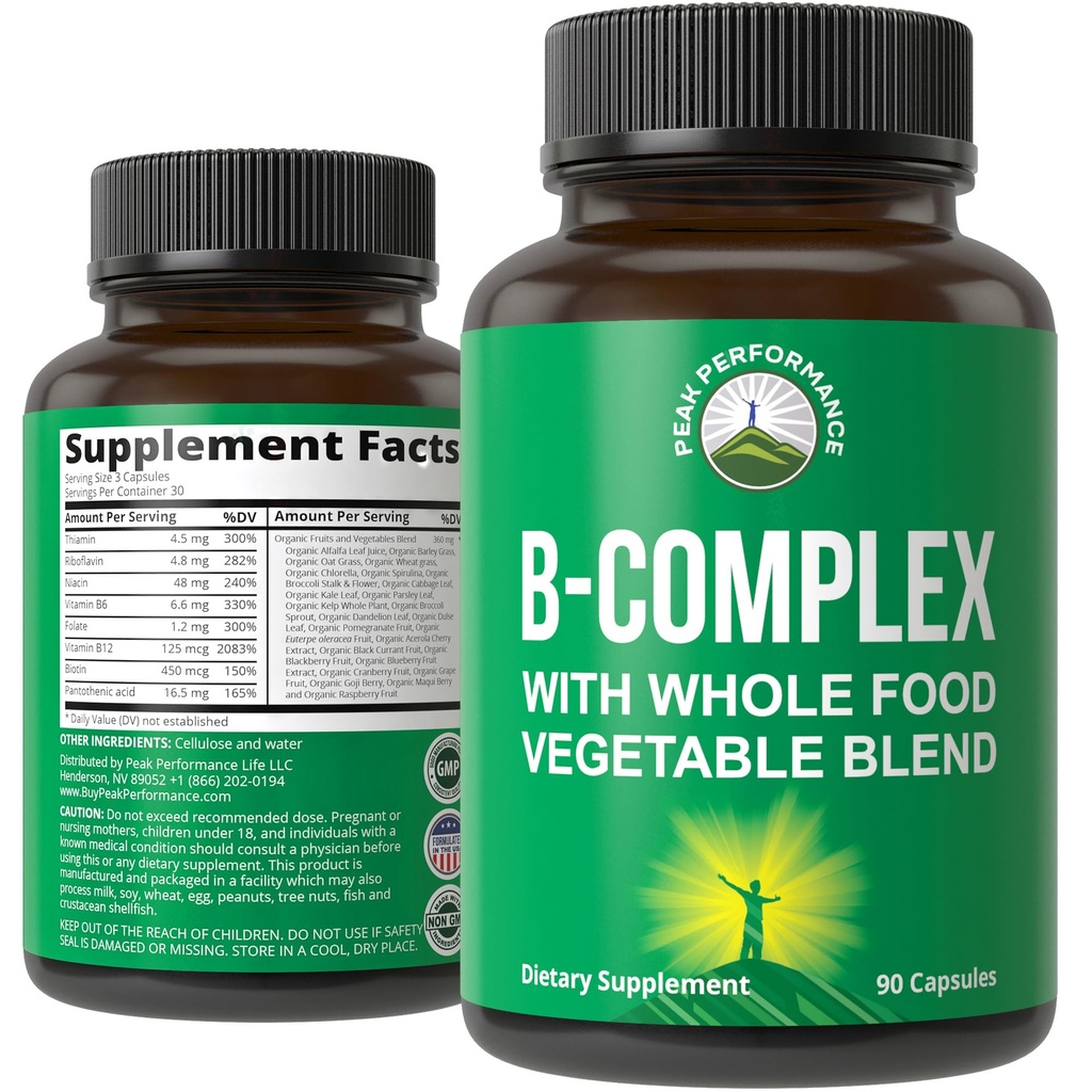 Vitamine B Capsules complexes + Mélange d'aliments entiers de 25 légumes et fruits pour l'absorption maximale. Meilleur supplément de complexe B végétalien avec vitamine B1, B2, B3, B5, B6, B7, B9 et B12. 90 Capsules. Renforcement énergétique