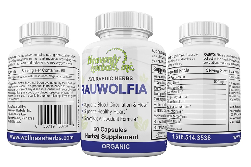 Rauwolfia Capsules, complément à base de plantes biologiques – Rauwolfia Serpentina Blend – Ayurvedic Herb & Natural Remedy – Soutien et flux de circulation sanguine – Santé cardiovasculaire naturelle - 60 Ct