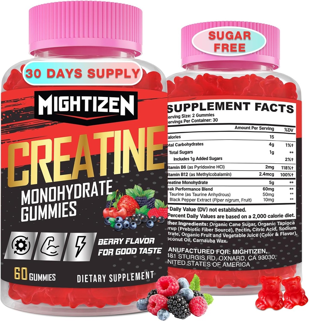 Creatine Monohydraat Gummy's voor mannen en vrouwen, Creatine voor vrouwen Kauwtabletten Creatine Monohydraat met Taurine & Vitamine B12, Pre-Workout Gummies voor Max Strength, Energy & Endurance, Berry 60 Counts