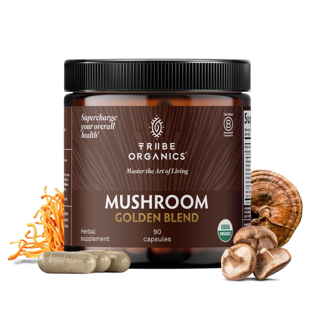 TRIBE ORGANICS Champignon Golden Blend Capsules Vegan Supplément - Champignons adaptogènes Poudre Imune Supplément de soutien - 10-en-1 Champignons pour le soutien immunitaire et la santé du cerveau - 90 Compte 30 portions