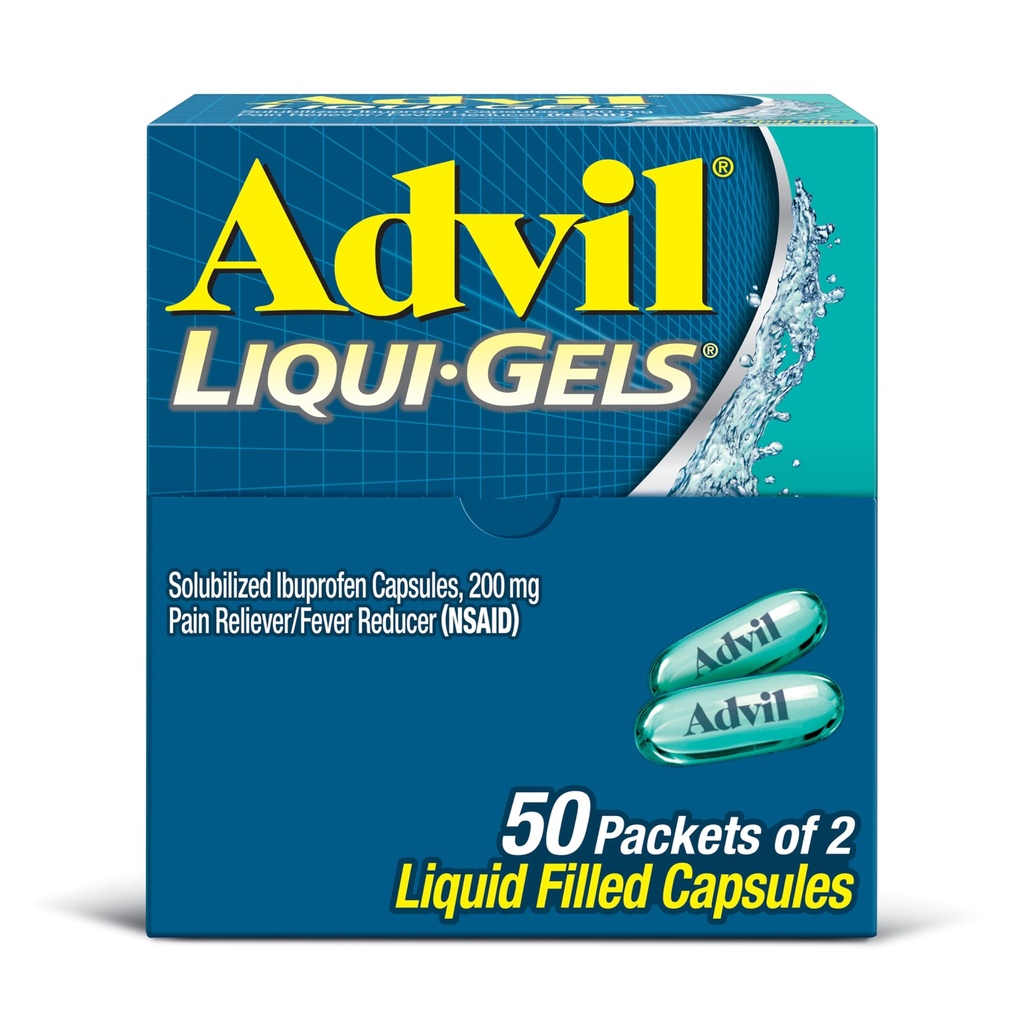Advil Liqui-Gels pijnstiller en koortsreducer, pijnmedicijn voor volwassenen met Ibuprofen 200 mg voor hoofdpijn, rugpijn, menstruele pijn en gewrichtspijn verlichting - 50x2 vloeibare gevuld capsules