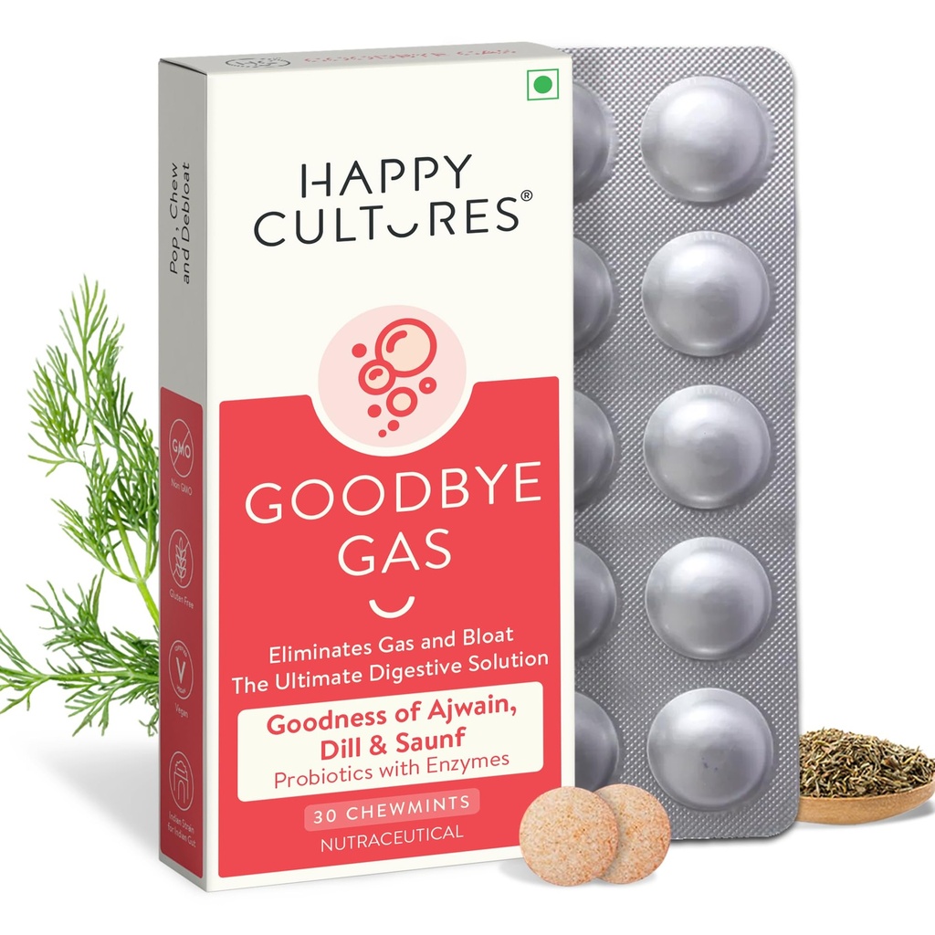 Happy Cultures Goodbye Gas, Kauwbare Gas Relief Capsules voor de spijsvertering gezondheid, opgeblazen en Indigestie met Simethicone 50mg - 30 Kauwtabletten