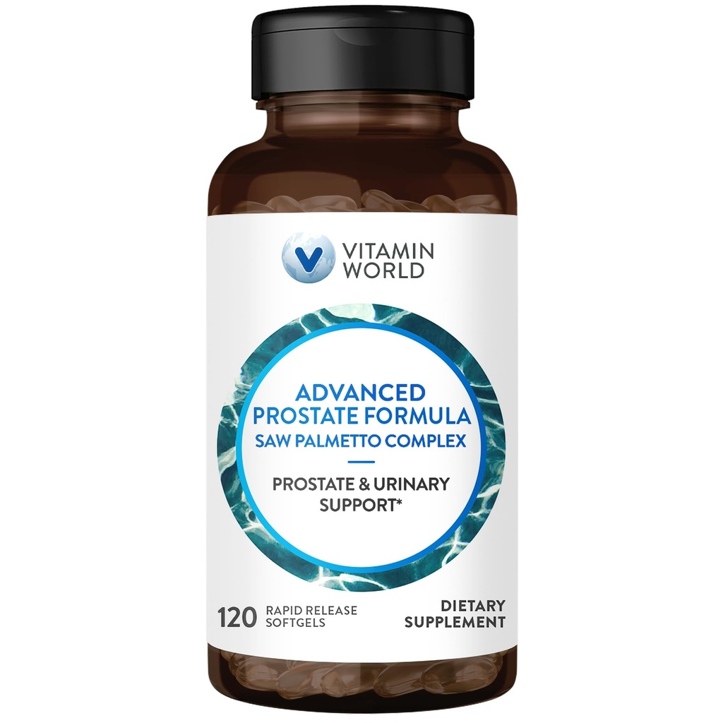 Vitamine World Advanced Prostate Formula Saw Palmetto Complex 120 Softgels, Ondersteunt Prostaat Gezondheid, Urinaire Gezondheid, Rapid-Release, Glutenvrij