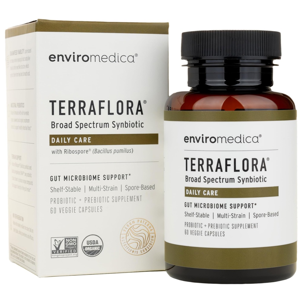 Terraflora Daily Care synbiotica van probiotica en prebiotica voor vrouwen en mannen 60 ct, bodembasis, plat stabiel, allergeen Friendly Spore Based Supplement Capsules Promote Gut Health by Envirodica