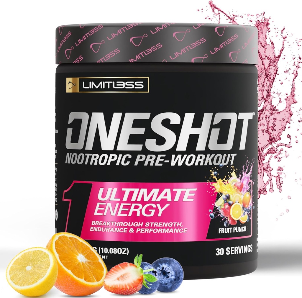 Oneshot Pre Workout Powder for Men and Women - BCAAS Amino Acids Supplement Powder, 200mg Cafeïne, Beta Alanine Powder, Citrulline Malate Preworkout Powder - Fruit Punch - 30 Servers