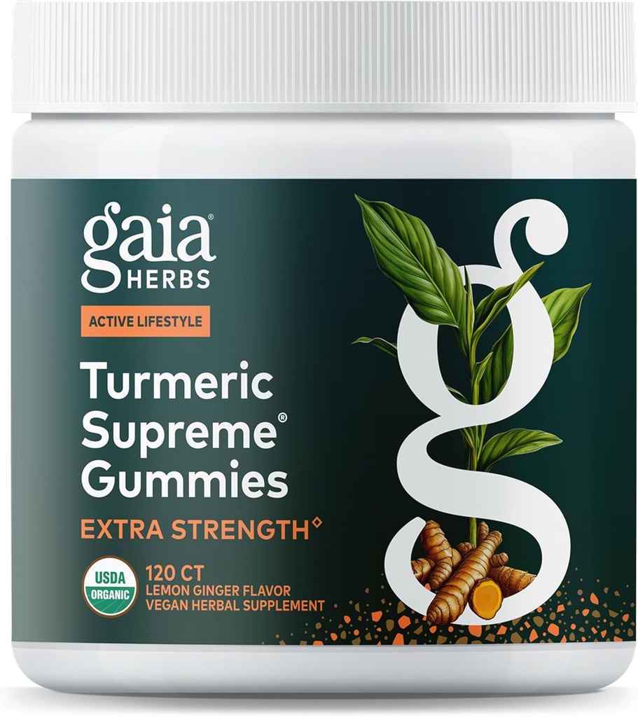 Gaia Kruiden Kurkuma Supreme Extra Strength Gummies - Ondersteunt Zwelling Relief om een actieve levensstijl te behouden - Citroen Ginger smaak - 120 Vegan Organic Gummies (40-Day Supply)