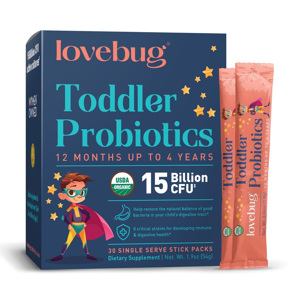 Lovebug Kids Probiotic Powder with Prebiotic Fiber - Peuter Immunity Support & Constipatie Relief - USDA Organic Probiotics for Childrens Gut & Digestief Health (Ages 1-4) - 30 Pack (ongearomatiseerd)