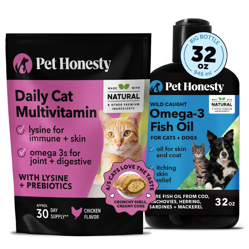 Cat Multivitamine Kauwen + Omega 3 Visolie Supplement voor honden en katten - Cat Treats for Health, Immune, Joint Support, Skin & Coat, Digestie, en algehele Wellness Kip (30-Day Supply)