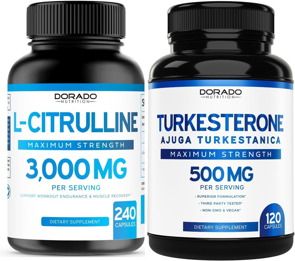 L Citrulline Supplement (240 comtes) L Arginine & Oxyde nitrique - Stamina, Endurance, Performance pour les entraînements et Turkestérone (120 comtes) Performance athlétique & Soutien musculaire - Vegan & USA Made