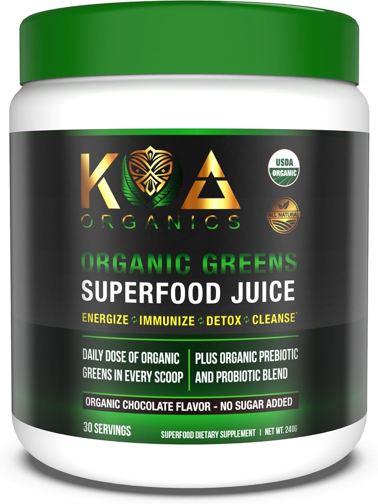 Greens Superfood Juice Powder - USDA Organic Super Greens Powder with with Spirulina, Chlorella, Matcha, Tarwegras, Digestieve Enzymen & Probiotica - Chocolate Flavor -30 Server