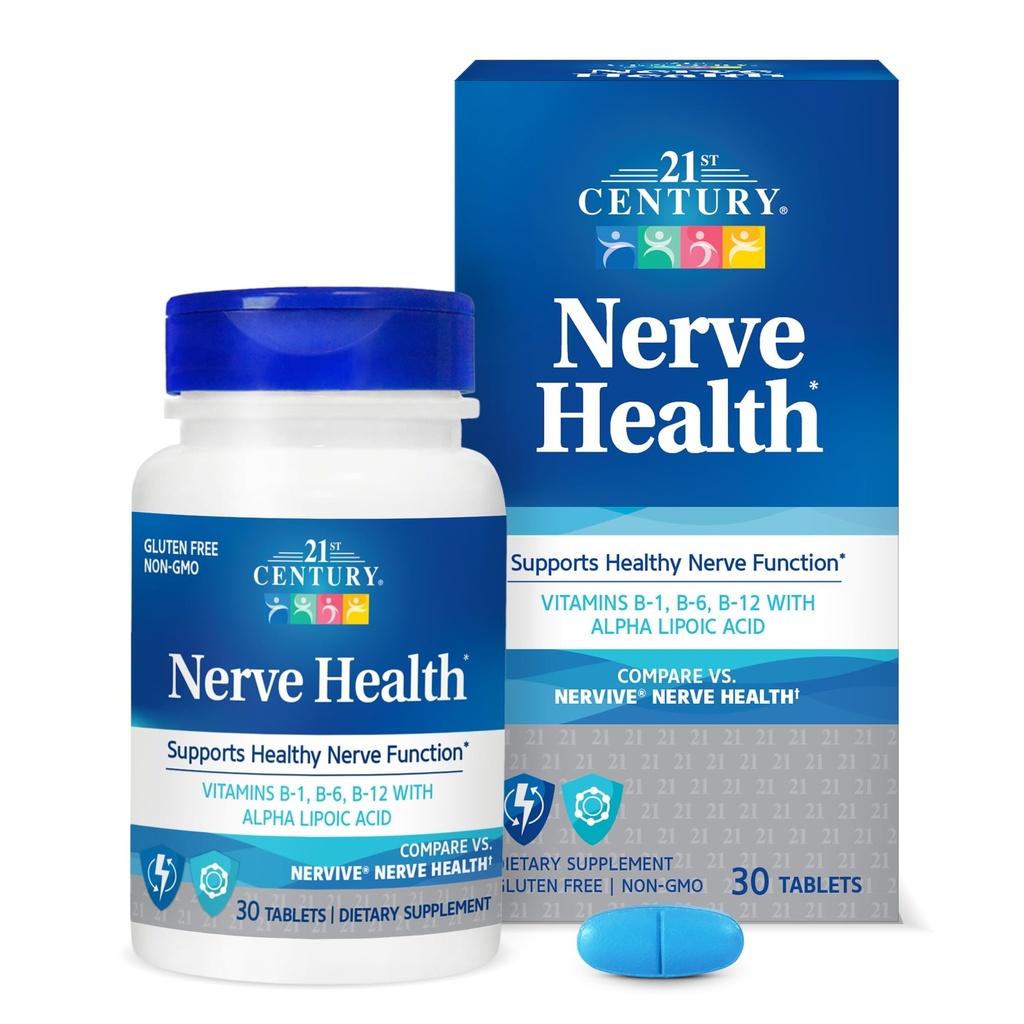 21e eeuw Nerve Health Tablets (30 tellingen), Alpha Lipoic Acid 300 mg, B1, B6, & B12 Vitaminen voor zenuwfunctieondersteuning, Antioxidant ALA Supplement, Glutenvrij. Non-GMO, & Veganistisch