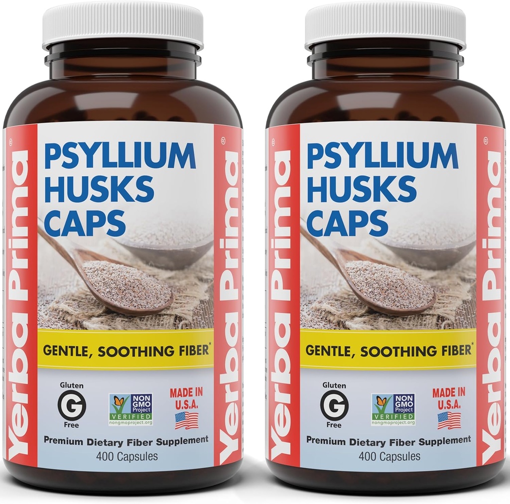 Yerba Prima Psyllium Husks Caps, 625 mg, 400 capsules (verpakking van 2) - Natuurlijke vezel voor mannen en vrouwen - Regularity Support Supplement