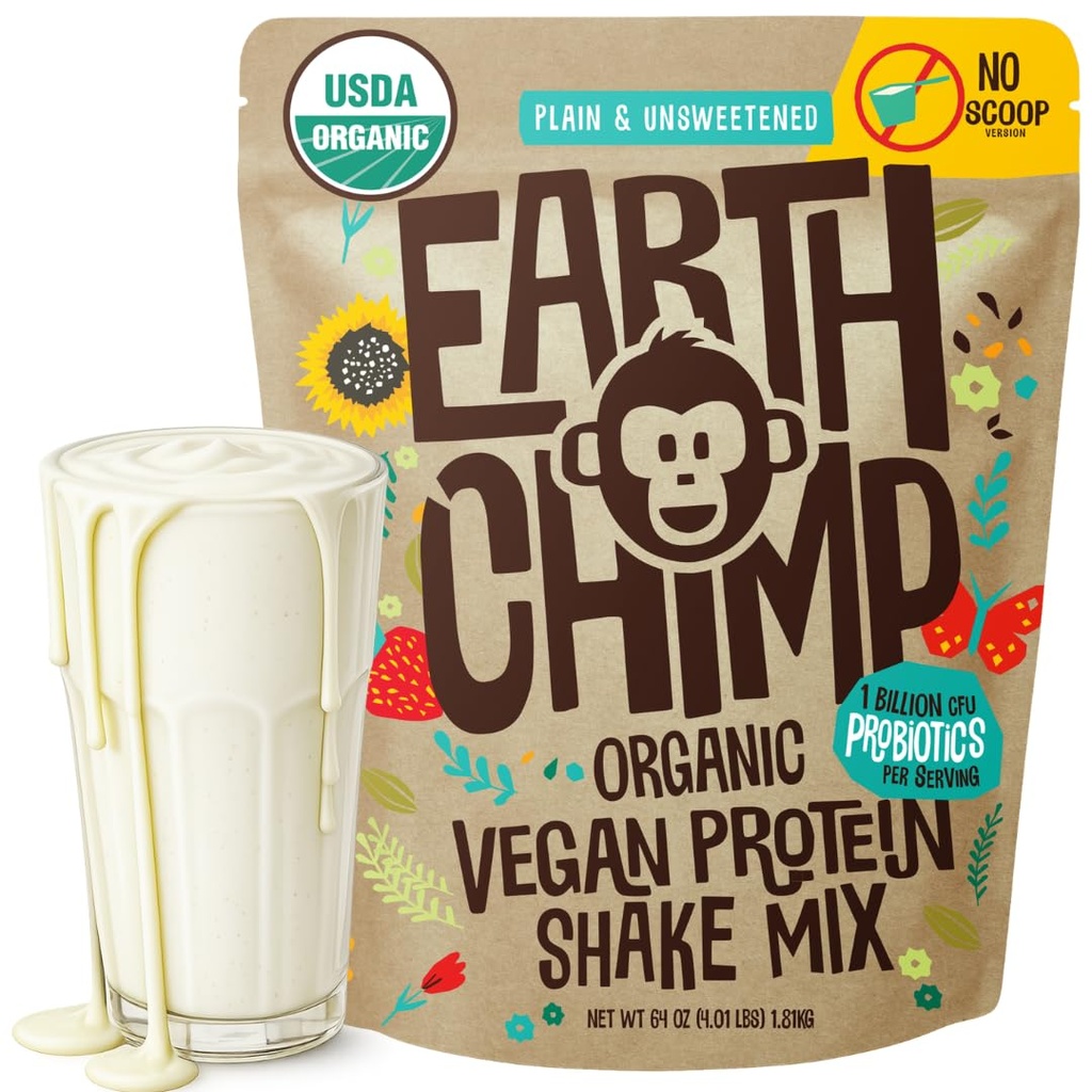 EarthChimp en poudre de protéines végétales organiques - avec probiotiques - Sans OGM, sans produits laitiers, sans lactosérum, à base de protéines végétales pour les femmes et les hommes, sans gluten - 52 portions 64 Oz (Plain et non sucré) Non Scoop