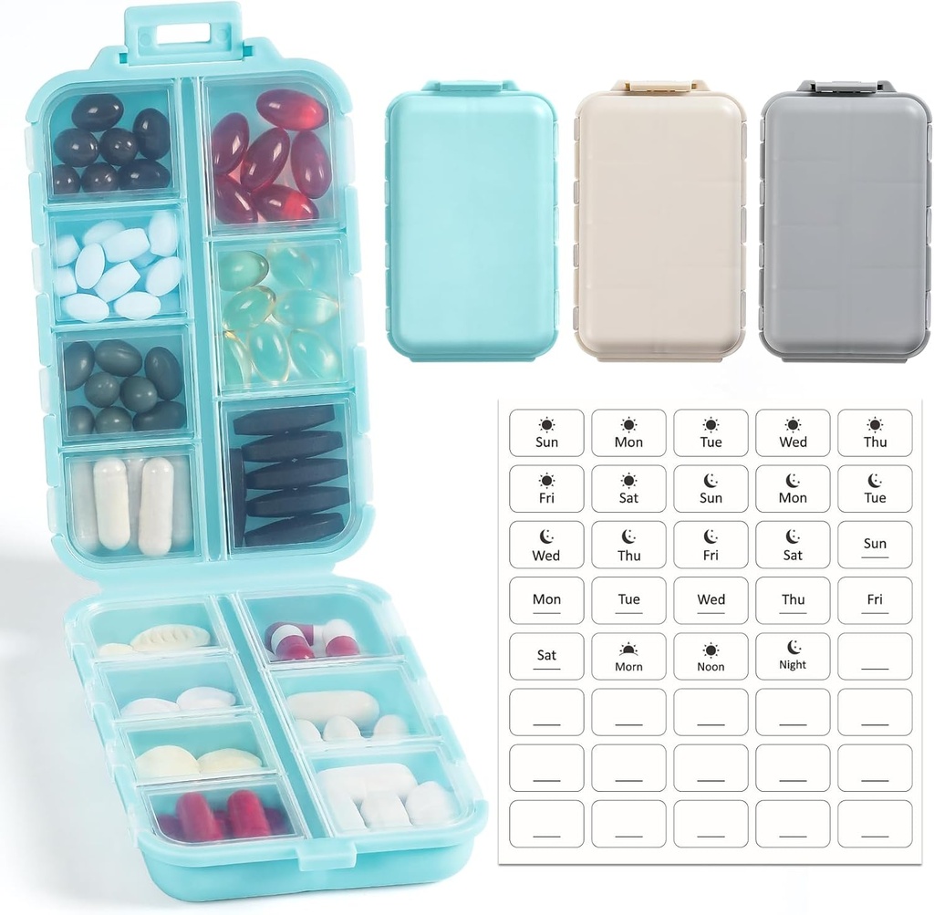 3 Pack, 14 GRIDS Travel Pill Organizer Box met Labels - Reizen Medicine Case Kit - Pocket Daily Pharmacy Container - Reismedicijnhouder Dispenser voor Visolie Vitamine Supplement Opslag