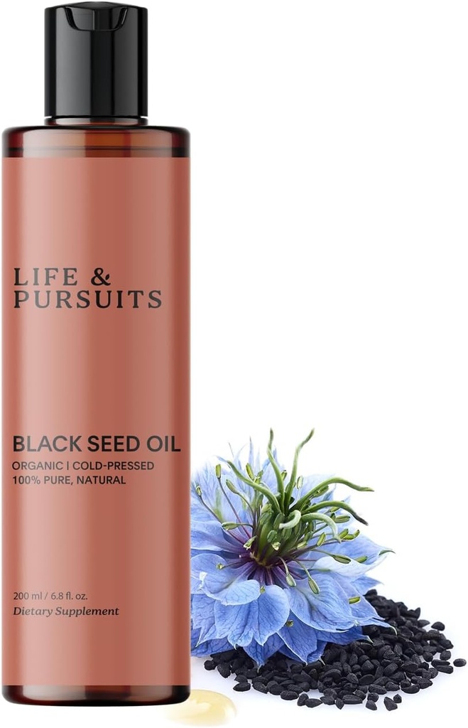 Life & Pursuits Organic Black Seed Oil (Kalonji) - 100% Pure, Natuurlijke, Koude Gepersoneerde Natuurlijke Bron van Thymochinon & Omega 3 6 9 Antioxidant voor Immune Support, Hair & Skin (6.8 Fl Oz)