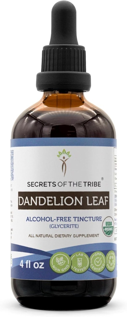 Secrets of the Tribe Dandelion Leaf Tincture USDA Organic Alcohol-Free Extract, High-Potency Herbal Drops, Tincture Made from Taraxacum Officinale Healthy Digestive System 4 oz