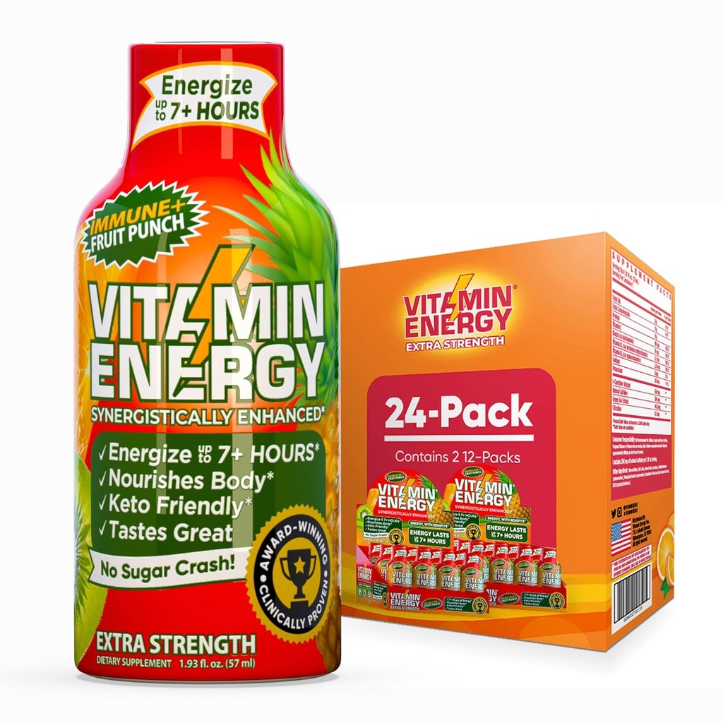 Vitamine Energy Immune+ Extra Strength Energy Shot Fruit Punch 24 Pack, 260mg Caféine naturelle, B-Vitamines, Citicoline, Thé vert, Immunity & Focus Support, Zéro sucre, Sans gluten 1,93 fl oz