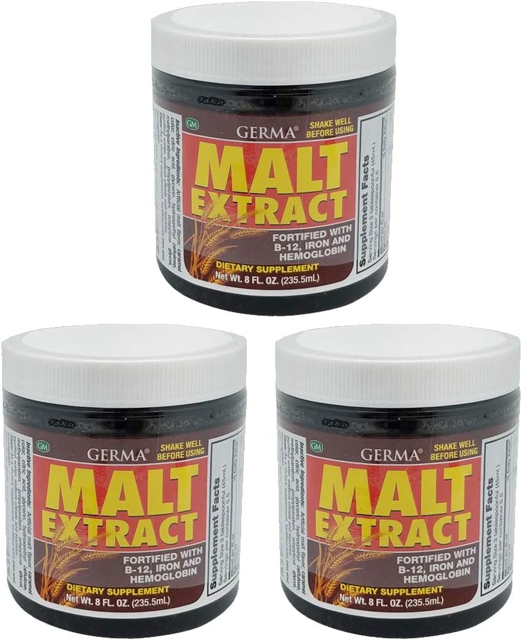 Extrait de Germa Malt. Supplément alimentaire. Fortifiée de vitamine B12, de fer et d'hémoglobine. Haute en antioxydants. 8 fl.oz. Boîte de 3.
