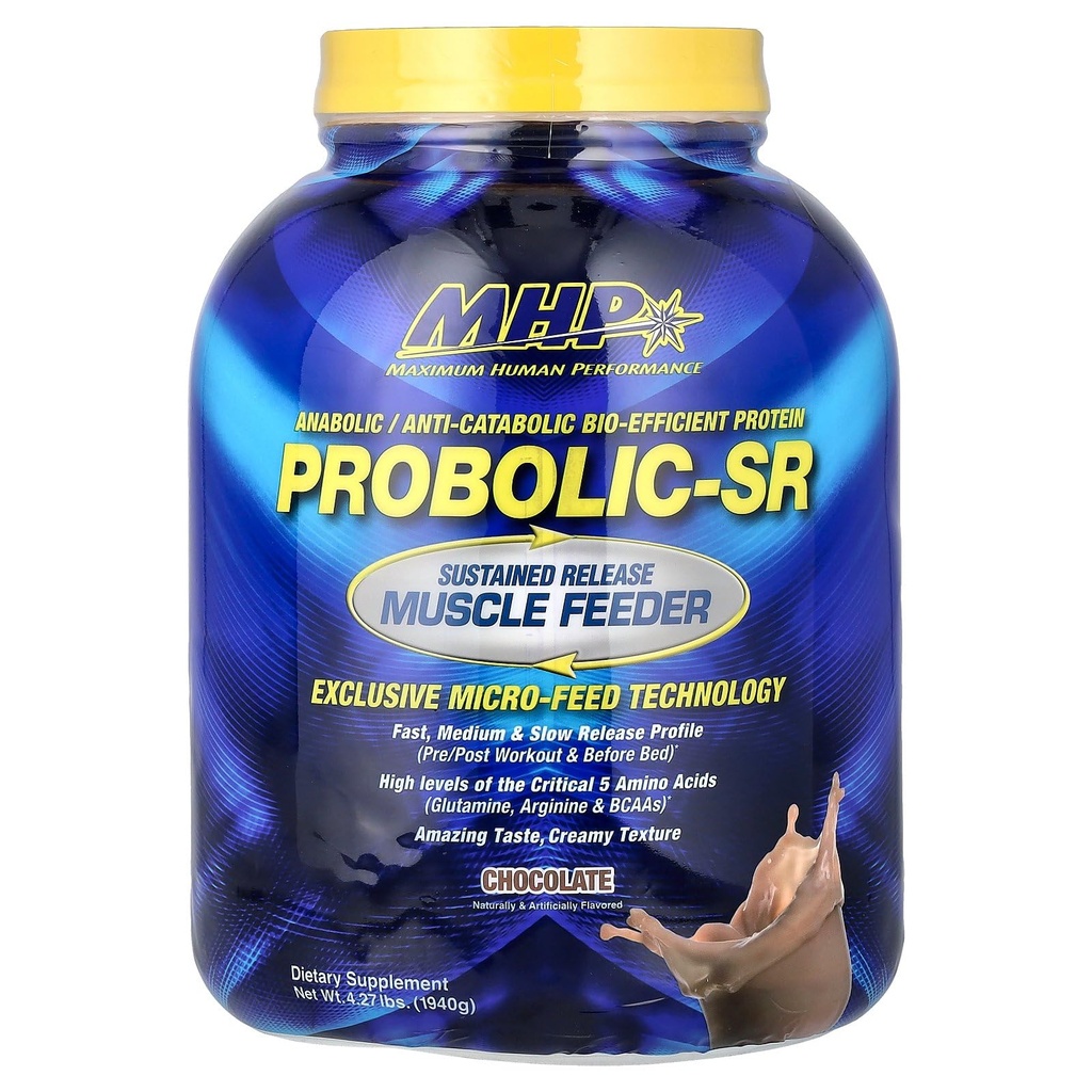 Performance humaine maximale Probolic-SR Poudre de protéines à libération prolongée, 24g Protéines, BCAAs, Glutamine, Arginine, Pré-entraînement, Après-entraînement, Protéines de nuit, 4lbs, 52 portions, Chocolat