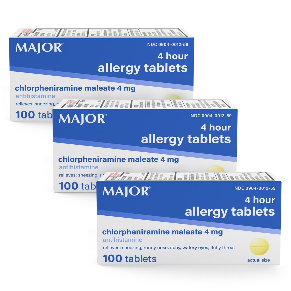MAJOR 4 Mg Allergie Tablets - Chlorpheniramine Maleate 4-Hour Allergie Medicine - Antihistamine for Relief of Sneezing, Itchy Watery Eyes, Itchy Throat, and Runny Nose - 100 Count (3 Pack)